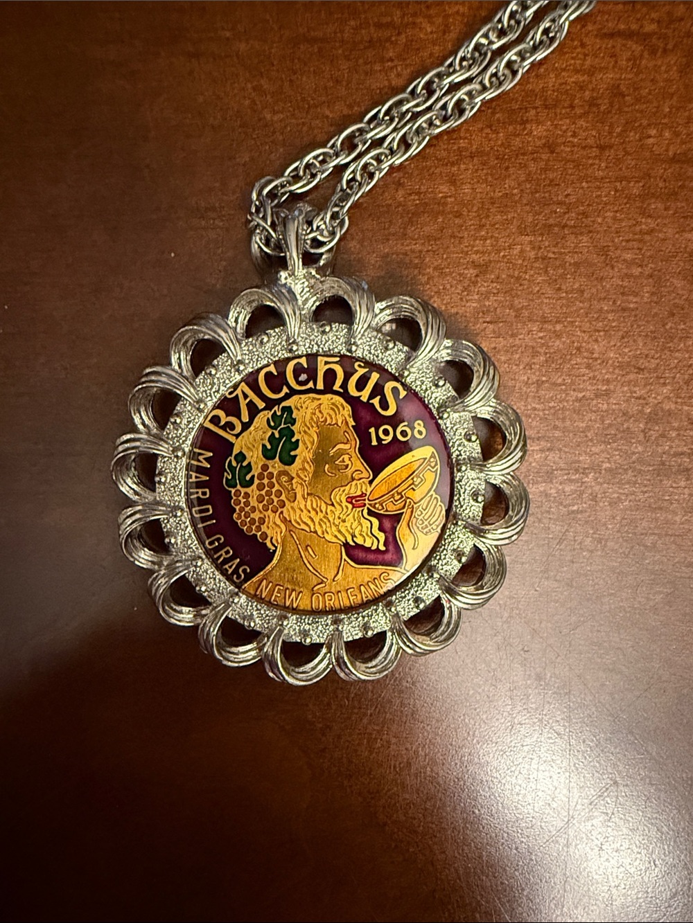 Bacchus 1968 Mardi Gras Medallion Necklace - Purple & Gold 1981 coin
